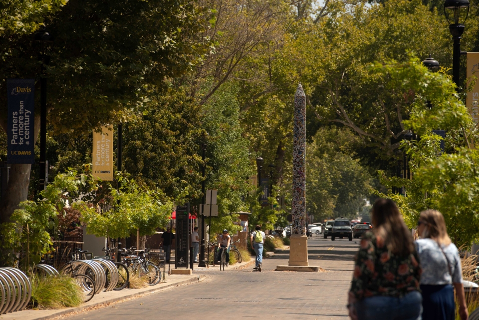 A view from campus down Third Street which shows the bicycle parts obelisk