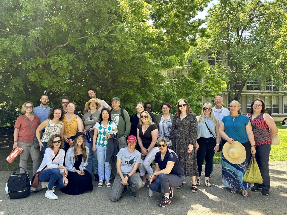 UC Davis employee donors attend an Employee Giving Month celebration and demonstration with the sheepmowers.