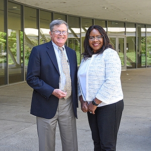 Soderquist Award Winner Kevin Bacon with College of Letters and Science Dean Estella Atekwana.